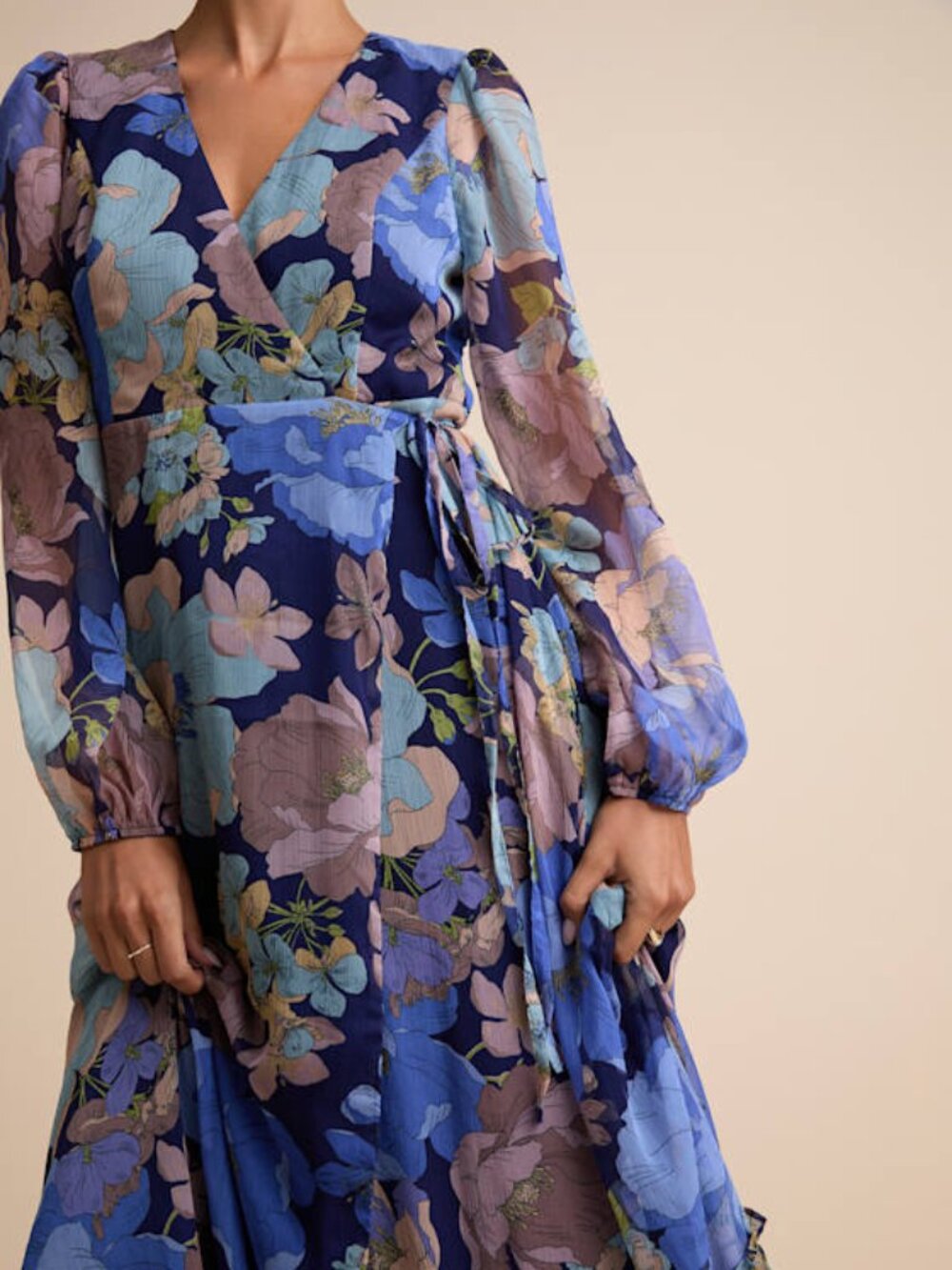 Lulus Feeling Sweet Navy Floral Print Long Sleeve Wrap Maxi Dress Blue XXL